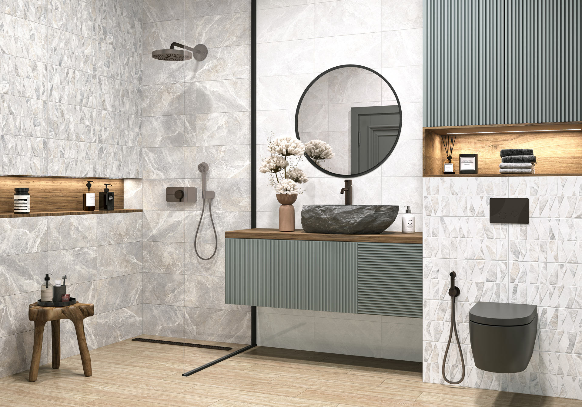 Душевая с рельефной плиткой Alma Ceramica Persey