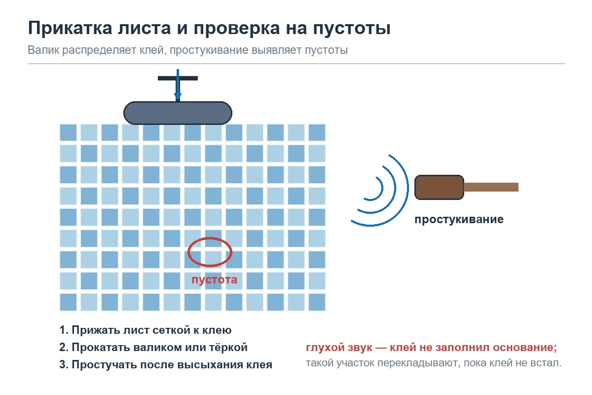 Схема: прикатка листа мозаики валиком и проверка на пустоты простукиванием