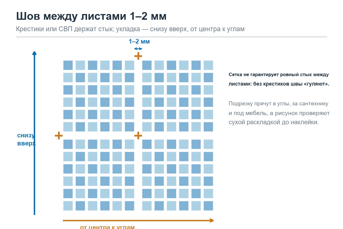 Схема: шов между листами мозаики 1–2 мм, крестики и укладка снизу вверх